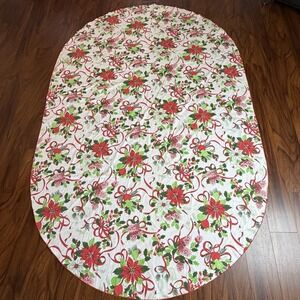 VTG Christmas Tablecloth Oval 58x89 Poinsettia Holly Ribbon Doves Holiday Decor